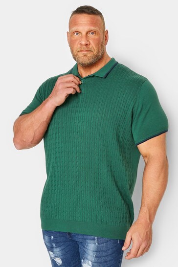 BadRhino Big & Tall Green Cable Knitted Polo Shirt