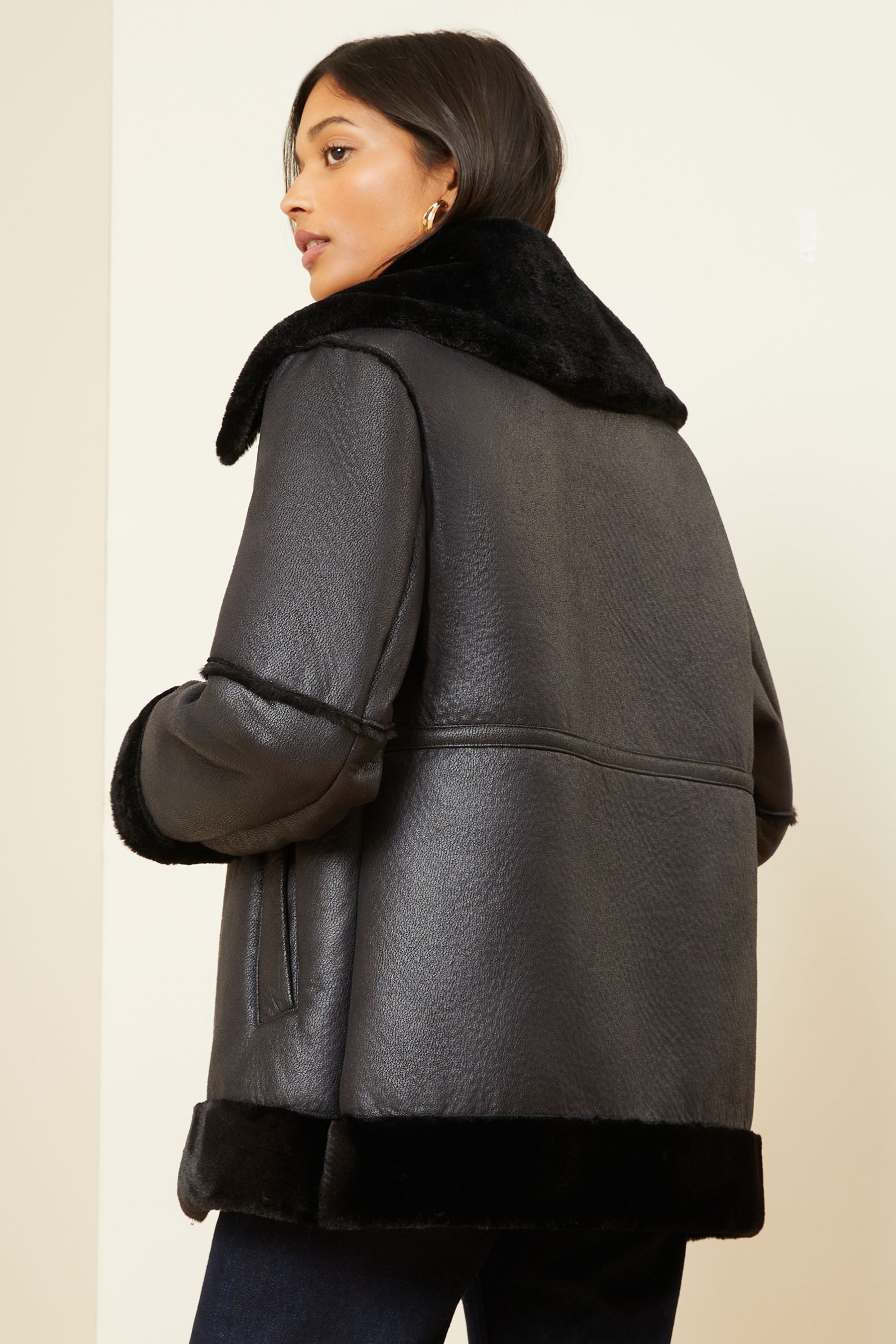 Black faux fur sale padded aviator jacket