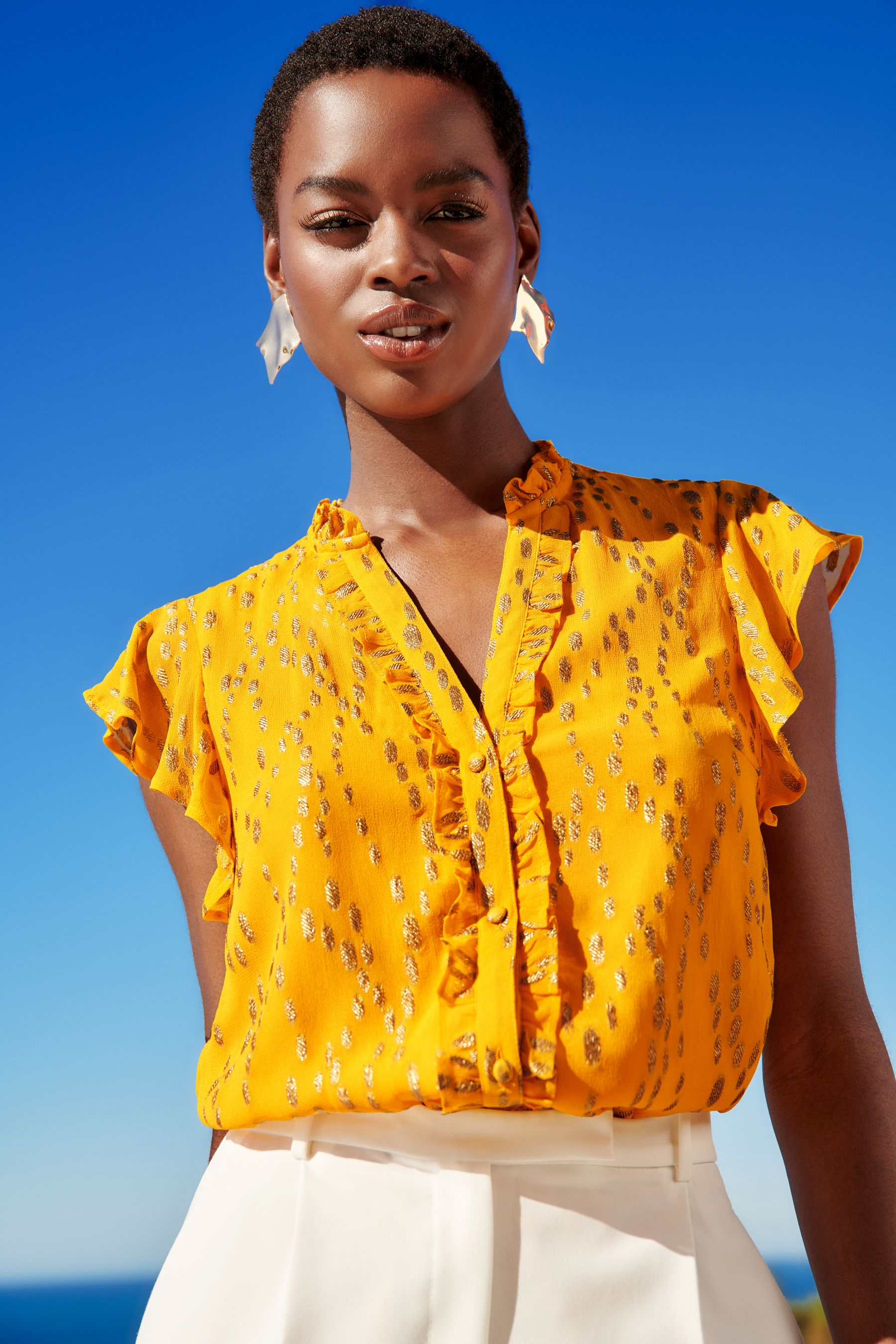 Buy Love Roses Yellow Metallic Ruffle Button Through V Neck