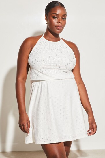 Lipsy Ivory White Curve Jersey Broderie Fit and Flare Halter Mini Dress
