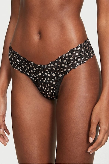 Victoria's Secret Black Star Foil Print Thong Lace Knickers