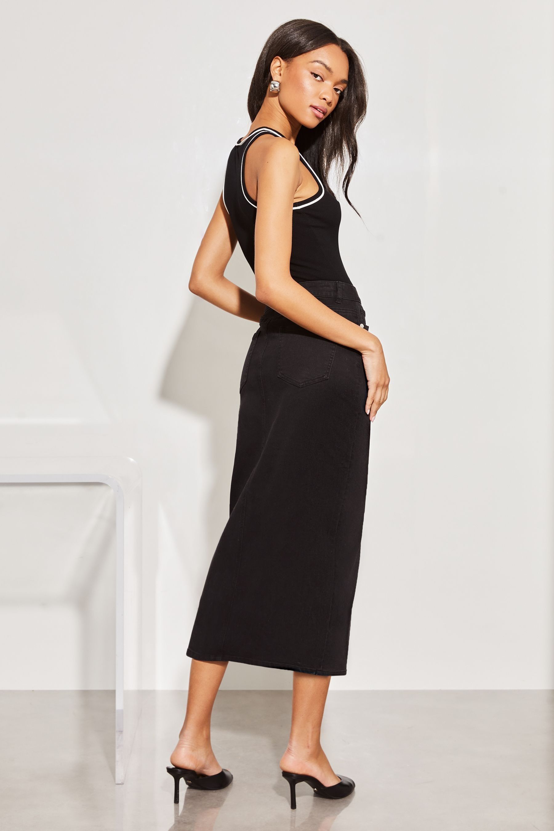 Buy Lipsy Black Petite Denim High Rise Split Front Midi Skirt from