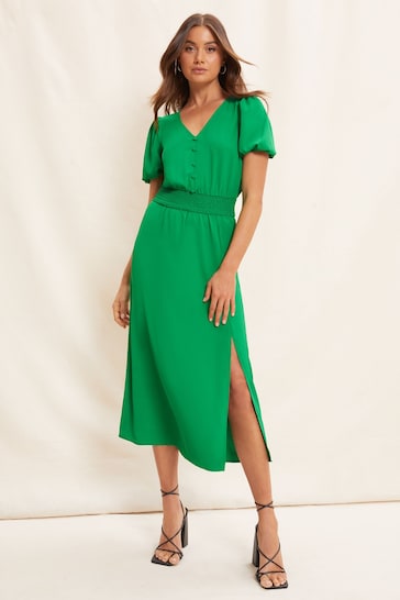 Friends Like These Green Plain Puff Sleeve Ruched Waist V Neck Midi Summer Dress