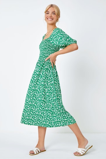Buy Dusk Green Ditsy Floral Print Shirred Milkmaid Dress from the Next ...