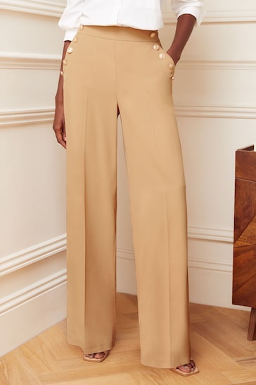 Love & Roses Camel Military Button Wide Leg Trousers