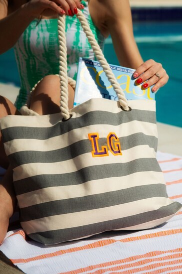 Personalised Grey Stripe Embroidered Beach Bag by Percy & Nell
