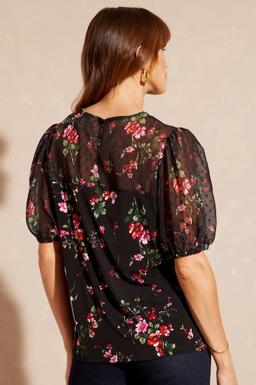 Love & Roses Black Floral Scallop Dobby Yoke Round Neck Short Sleeve Jersey Top