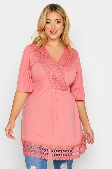 Yours Curve Pink Short Sleeve Crochet Trim Tunic