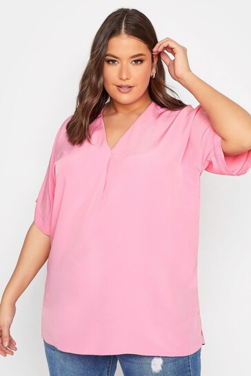 Yours Curve Bright Pink V-Neck Detail Top