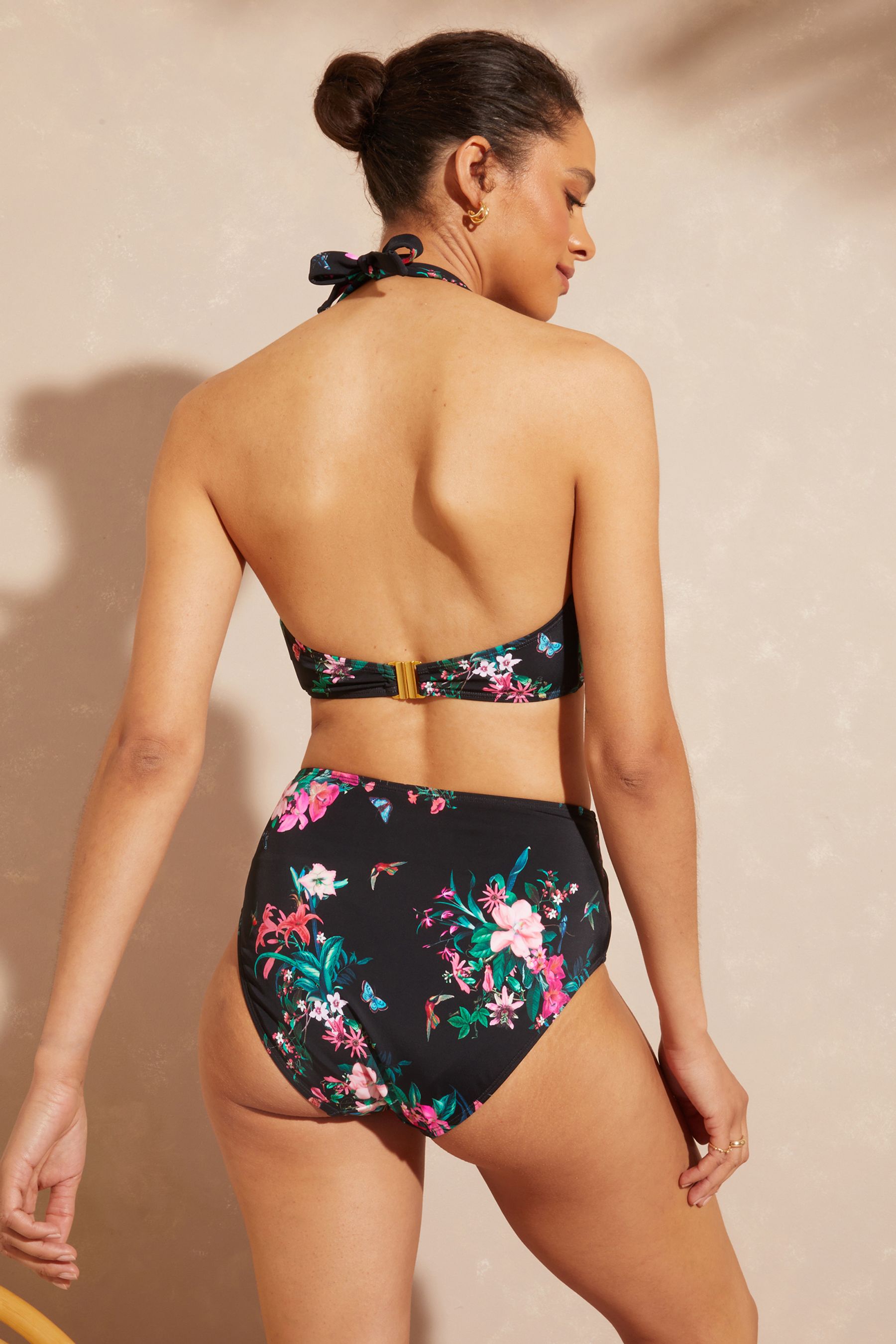 V A Love Roses Black Floral Longline Halter Long Line Bikini Top
