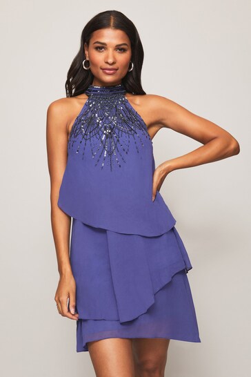 Lipsy Cobalt Blue Halter Sequin Embellished Tiered Swing Scarf Dress