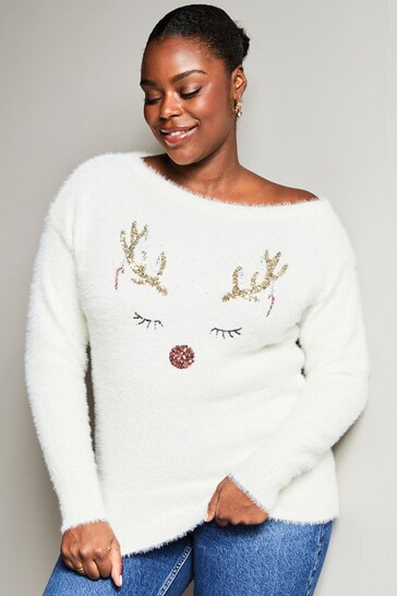 Lipsy Ivory White Reindeer Curve Cosy Christmas Festive Off The Shoulder Jumper