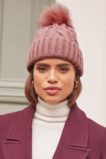 Lipsy Pink Cosy Knit Faux Fur Bobble Hat