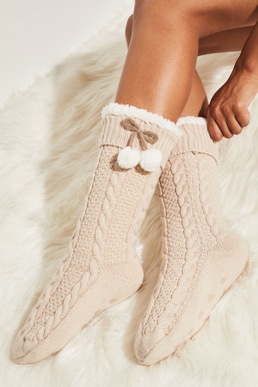 Lipsy Cream Chunky Cosy Cable Knitted Slipper Socks