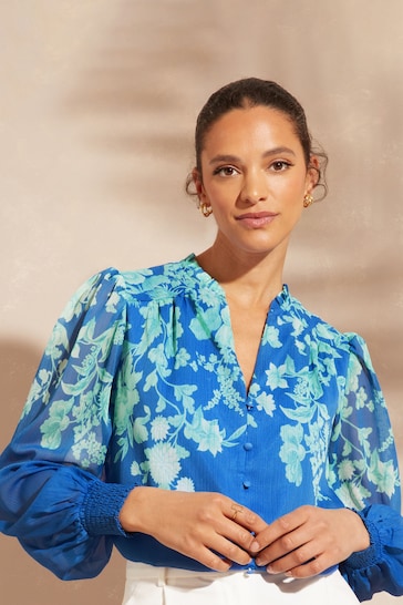 V&A | Love & Roses Baby Girls Occasionwear Petite Printed Puff Sleeve V Neck Long Sleeve Button Up Blouse