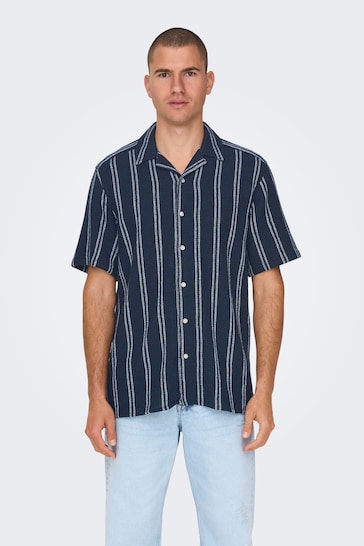 Only & Sons Navy Blue and White Woven Textured Short Sleeve Shirt