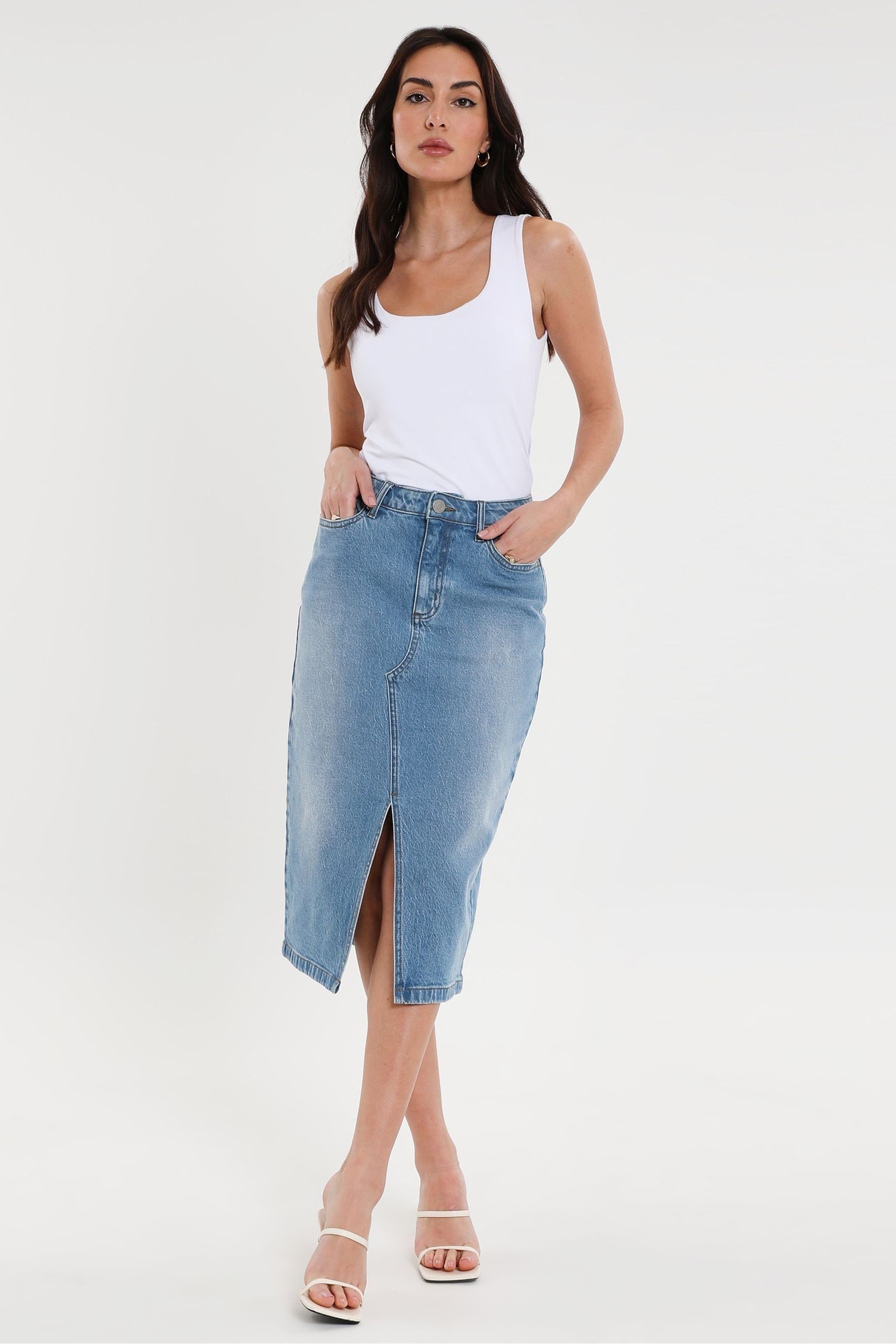 Light denim pencil skirt 2025 knee length