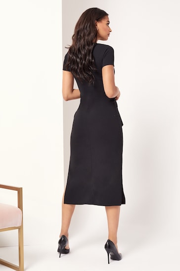 Lipsy Black Petite Short Sleeve Belted Bodycon Midi Dress