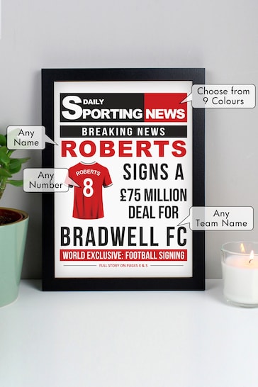 Personalised Football Signing Newspaper A4 Black Framed Print PMC