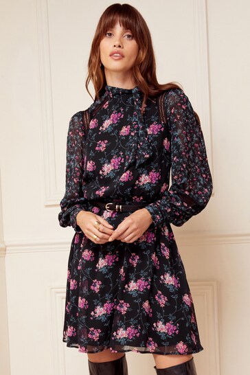 Love & Roses Black Floral Tie High Neck Printed Long Sleeve Belted Mini Dress