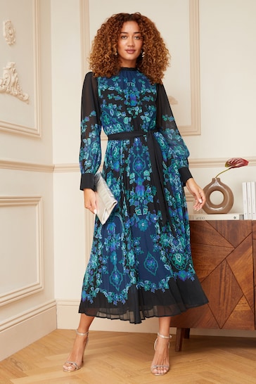 V&A | Love & Roses Black and Blue Print Ruffle Neck Pleated Long Sleeve Midi Dress