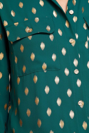 Love & Roses Teal Blue Green Metallic Petite Patch Pocket Button Through Pullover Shirt