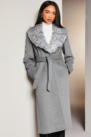 Lipsy Grey Premium Wool Blend Faux Fur Collar Wrap Coat