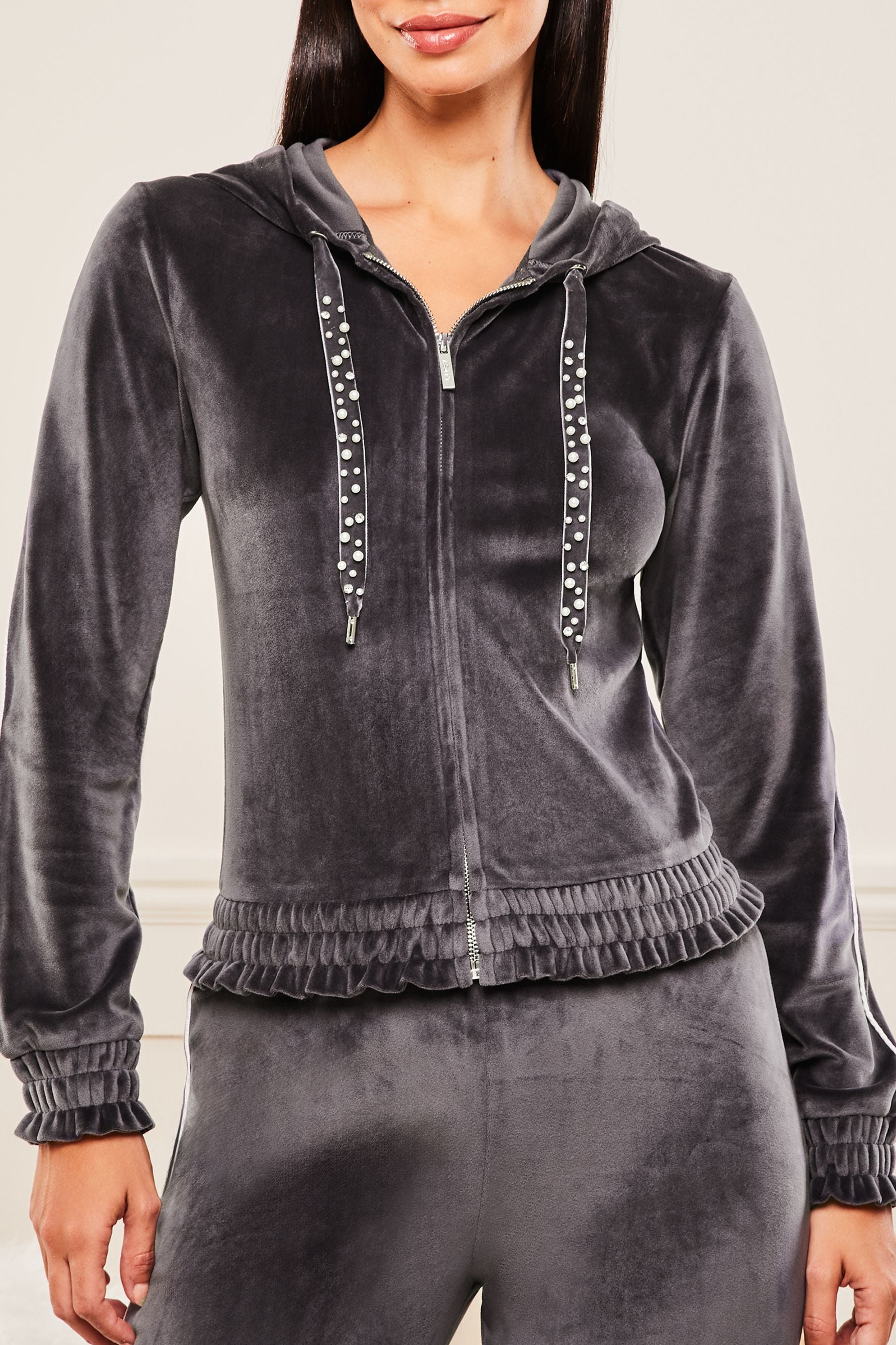 Lipsy Grey Velour Trimmed Ruched Waist Zip Through Hoodie