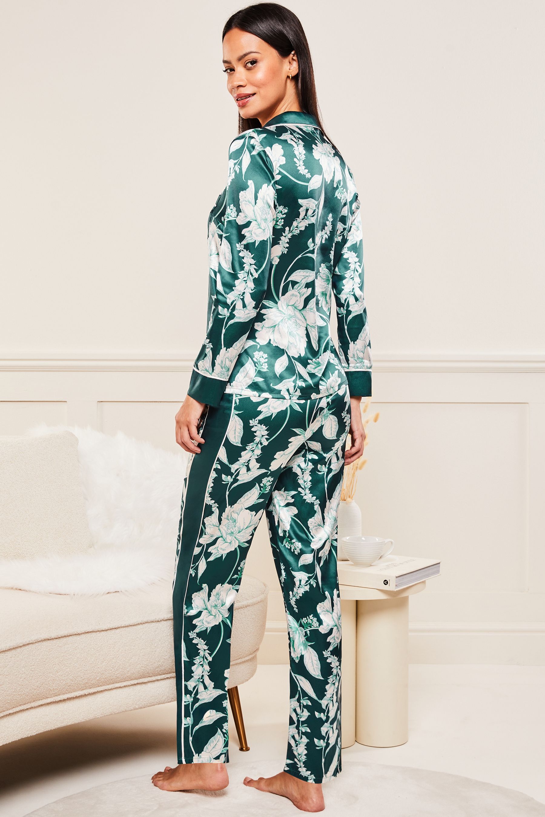 Buy Lipsy Teal Blue Green Floral Printed Satin Long Sleeve Pyjamas