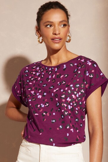 Love & Roses Berry Leopard Petite Roll Sleeve Round Neck T-Shirt