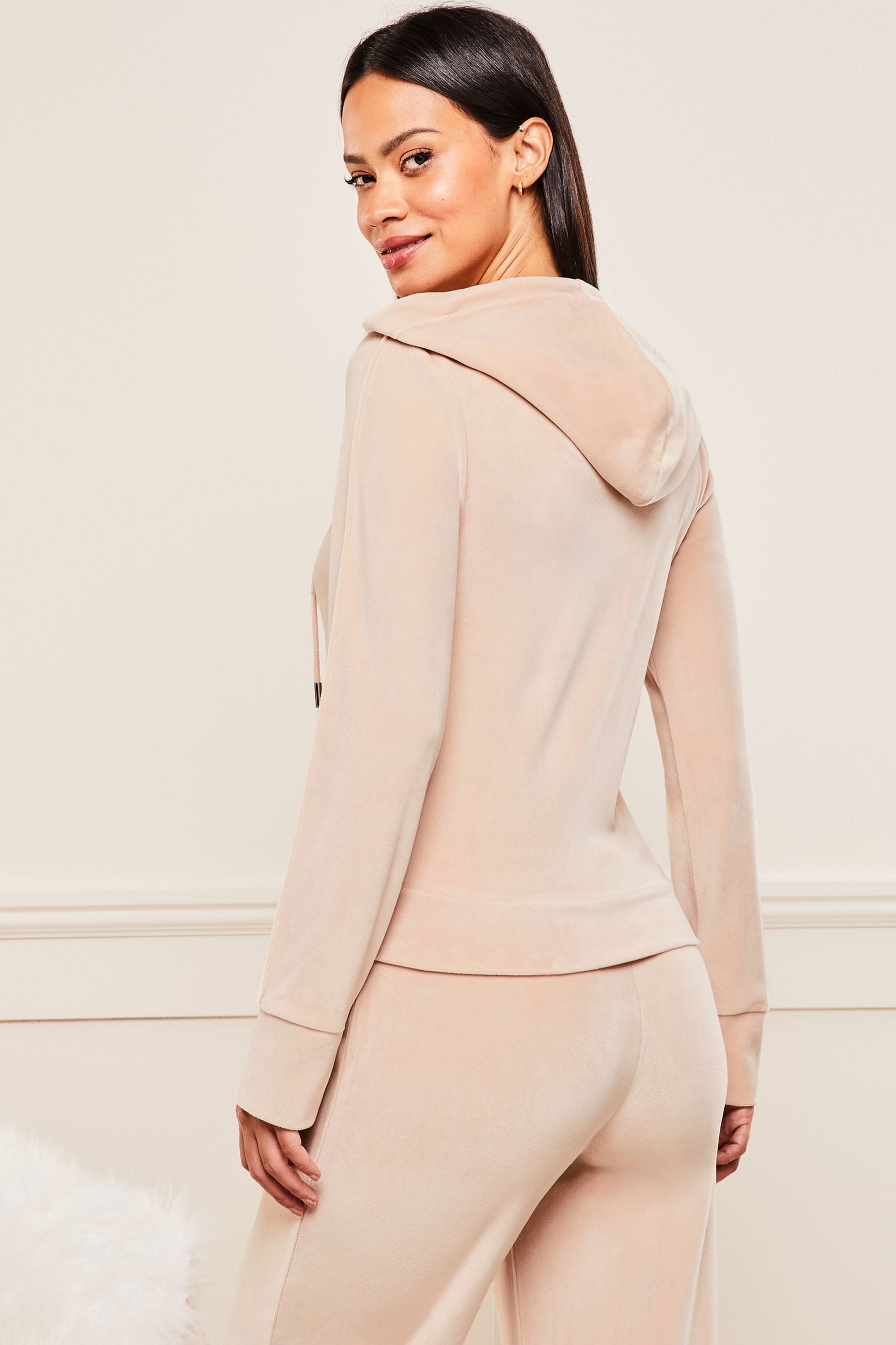 Lipsy Pink Embroidered Patch Velour Zip Up Hoodie