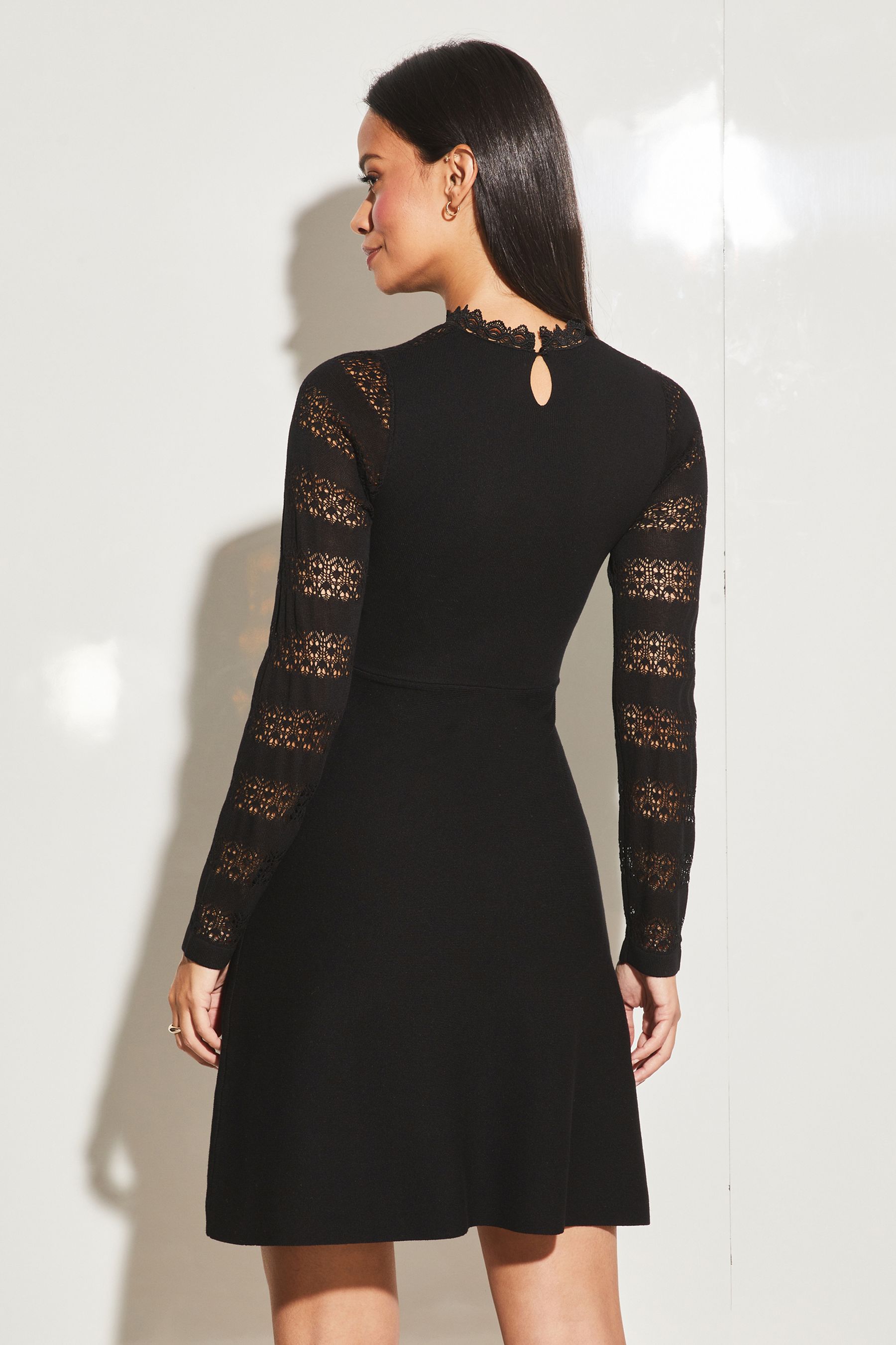 Lipsy Black Lace Fit and Flare Long Sleeve Knitted Dress