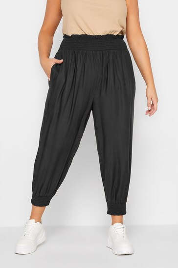 Buy Yours Curve Black Shirred Detail Cropped Harem Trouser from the ...