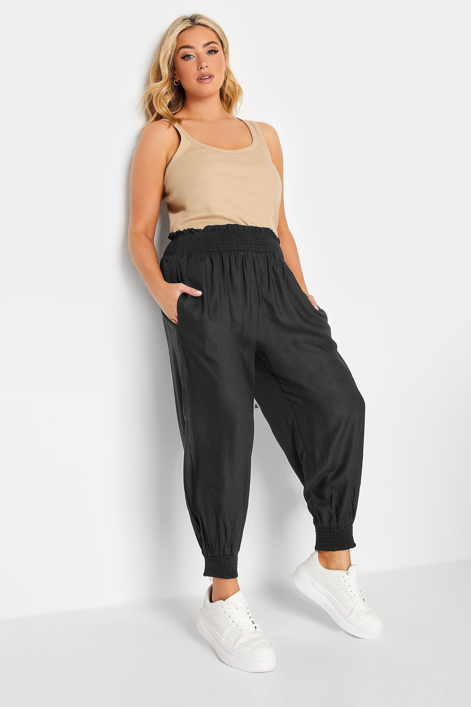 Buy Yours Curve Black Shirred Detail Cropped Harem Trouser from