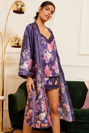 Love & Roses Purple Belted Satin Dressing Gown
