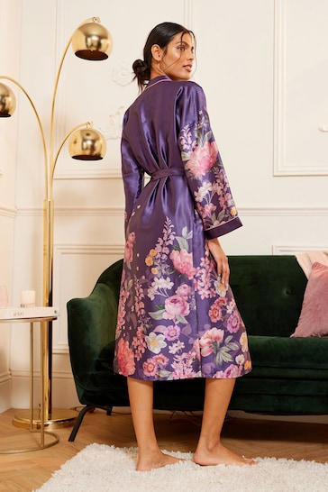 Love & Roses Purple Belted Satin Dressing Gown