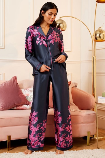 V&A | Love & Roses Navy Blue Pink Floral Button Through Long Sleeve Pyjamas