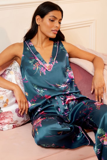 V&A | Love & Roses Green Floral Satin Vest Pyjamas
