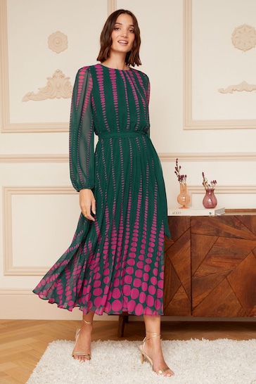 Love & Roses Green and Pink Polka Dot Printed Belted Pleated Long Sleeve Midi Dress