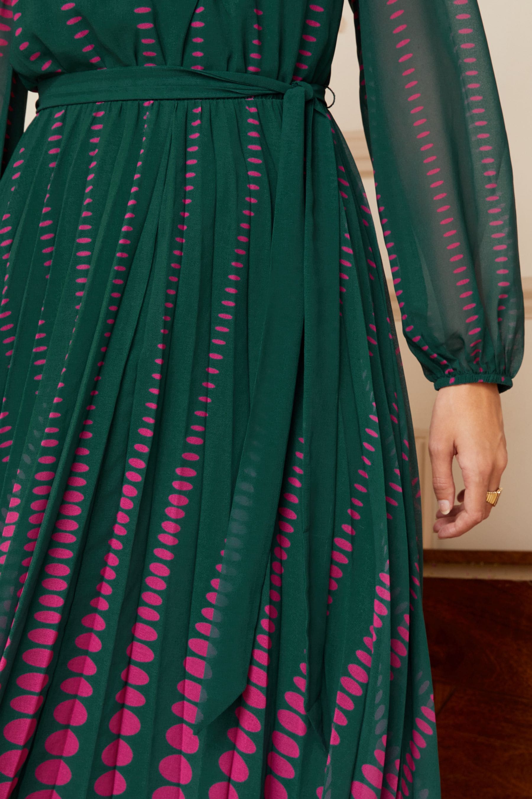 Buy Love Roses Green and Pink Polka Dot Printed Belted Pleated