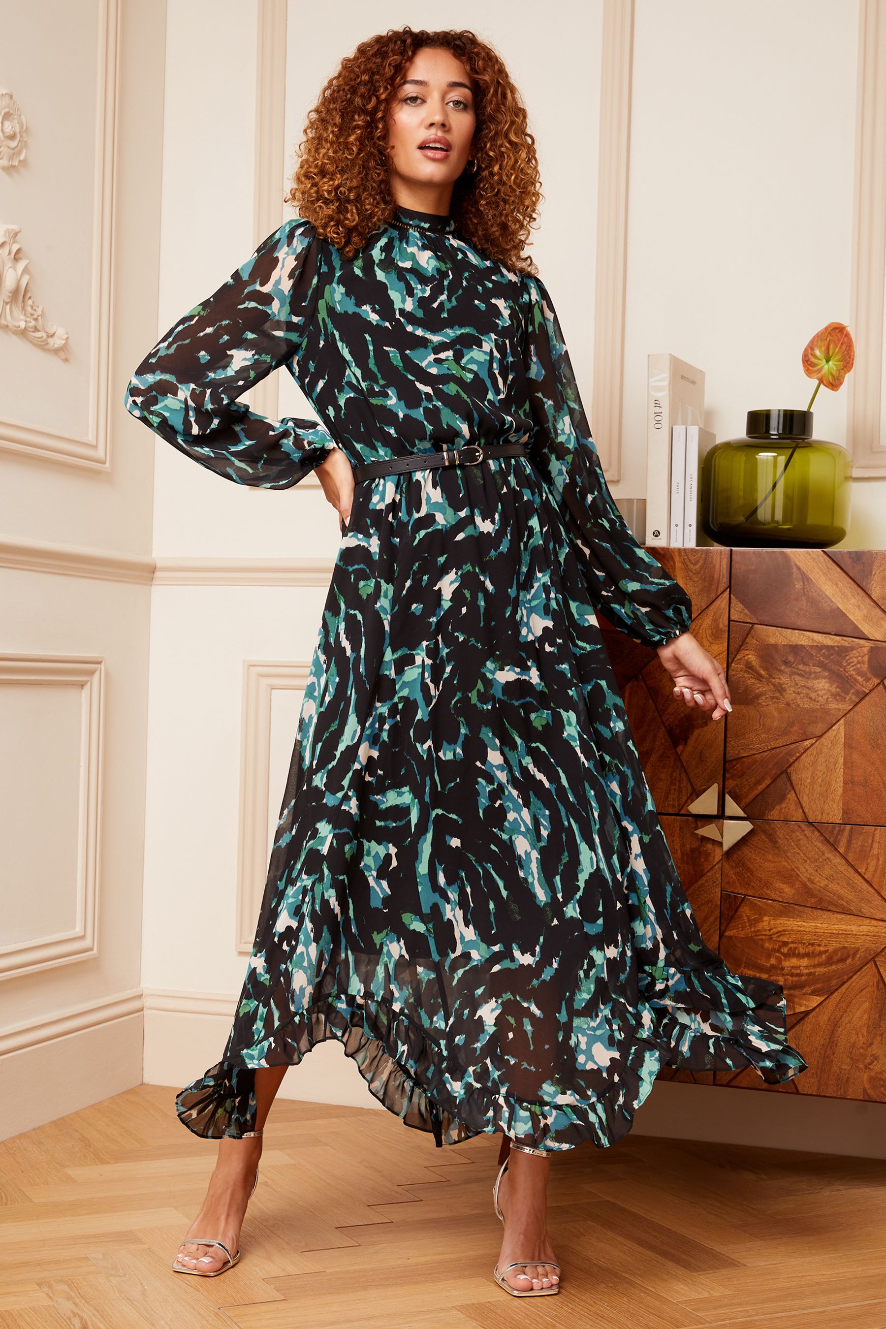 Long sleeve printed midi dress clearance