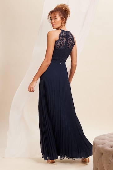 Love & Roses Navy Blue Pleated Lace Insert Bridesmaid Maxi Dress