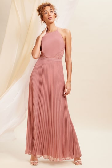 Love & Roses Pink Pleated Lace Insert Bridesmaid Maxi Dress