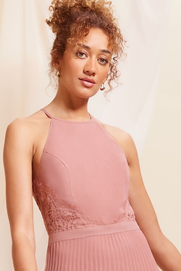 Love & Roses Pink Pleated Lace Insert Bridesmaid Maxi Dress