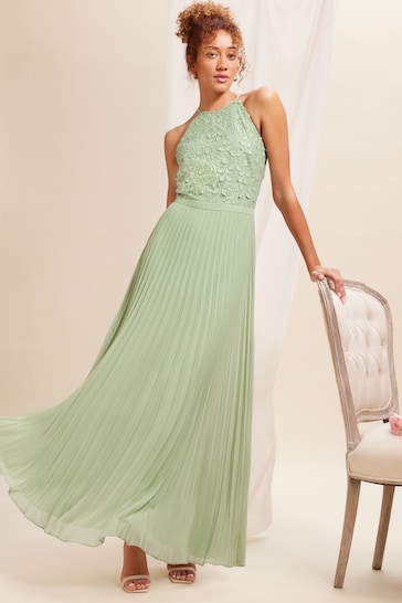 Love & Roses Sage Green Pleated Lace Insert Bridesmaid Maxi Dress
