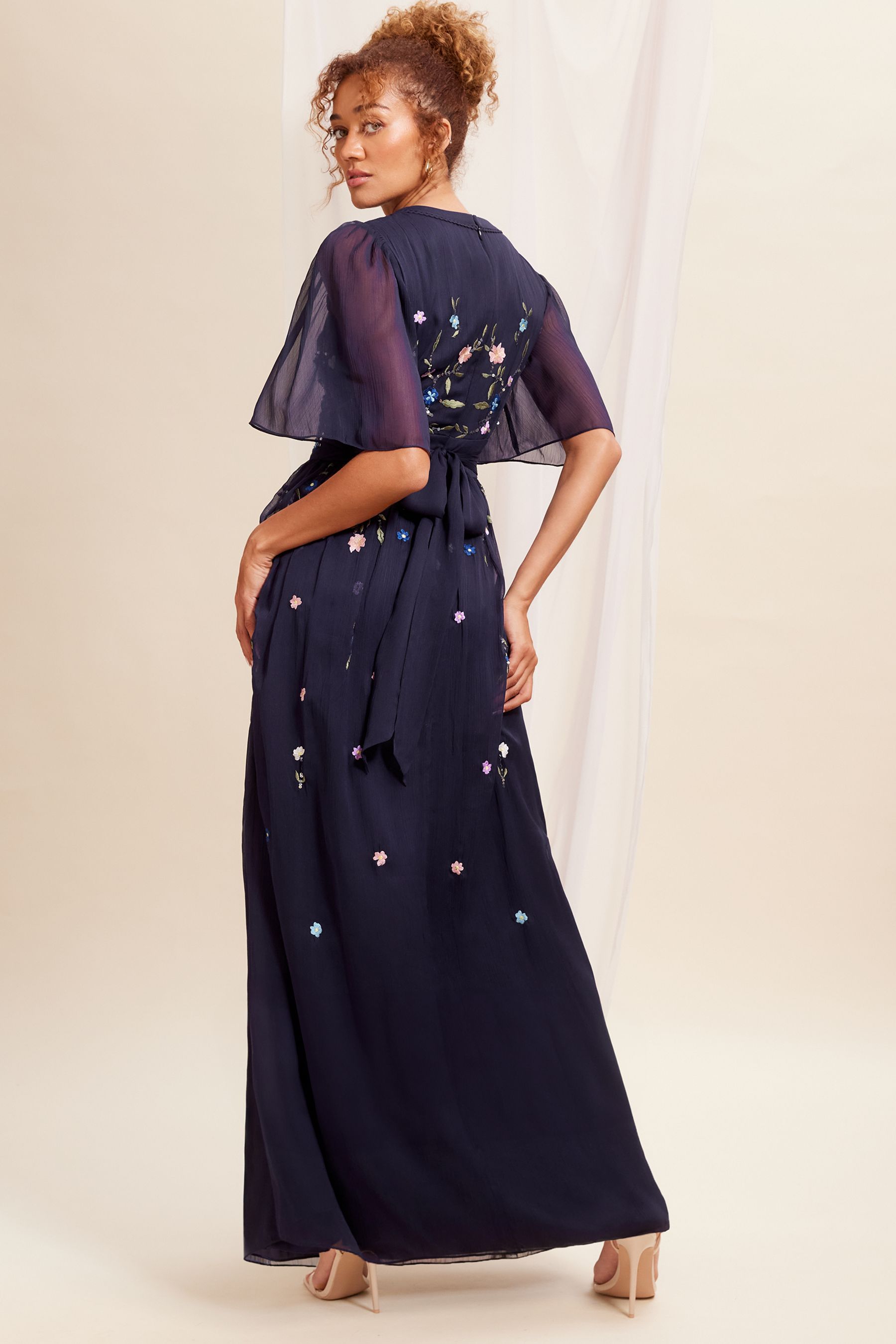 Buy Love Roses Navy Blue Embellished Chiffon Flutter Sleeve Maxi Dress from the Next UK online shop