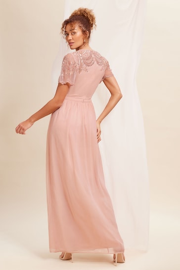Love & Roses Pink Embellished Yoke Chiffon Maxi Bridesmaid Dress