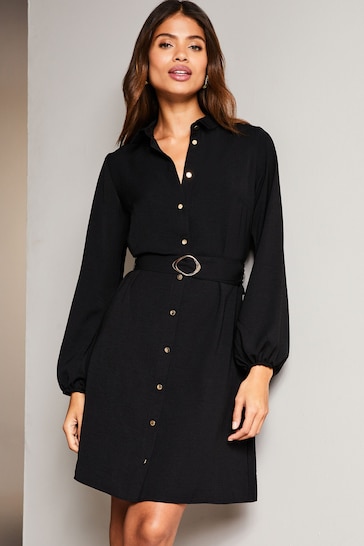 Lipsy Black Woven Belted Button Through Mini Shirt Dress
