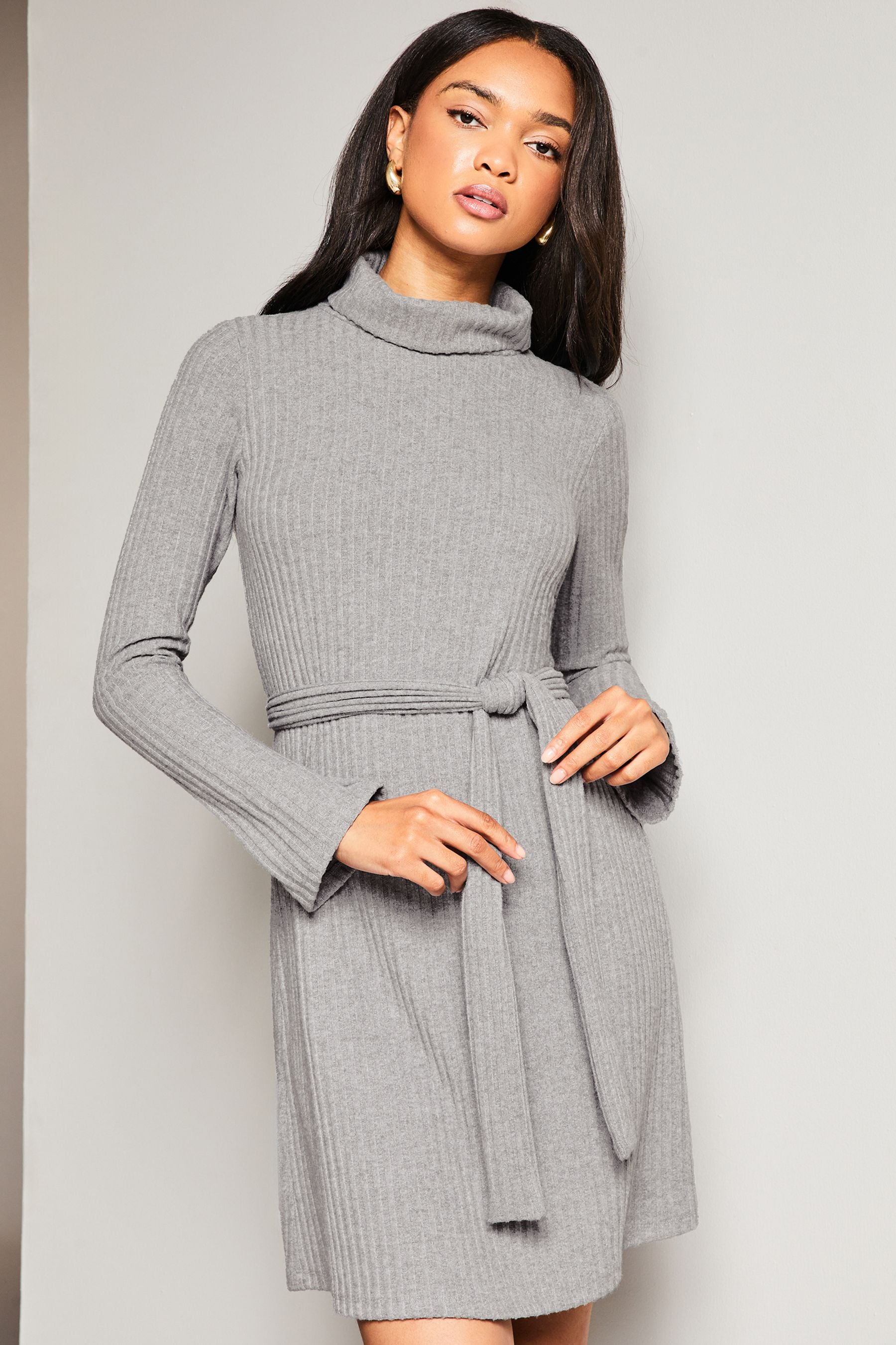 Buy Lipsy Grey Roll Neck Belted Shift Cosy Jumper Dress from the