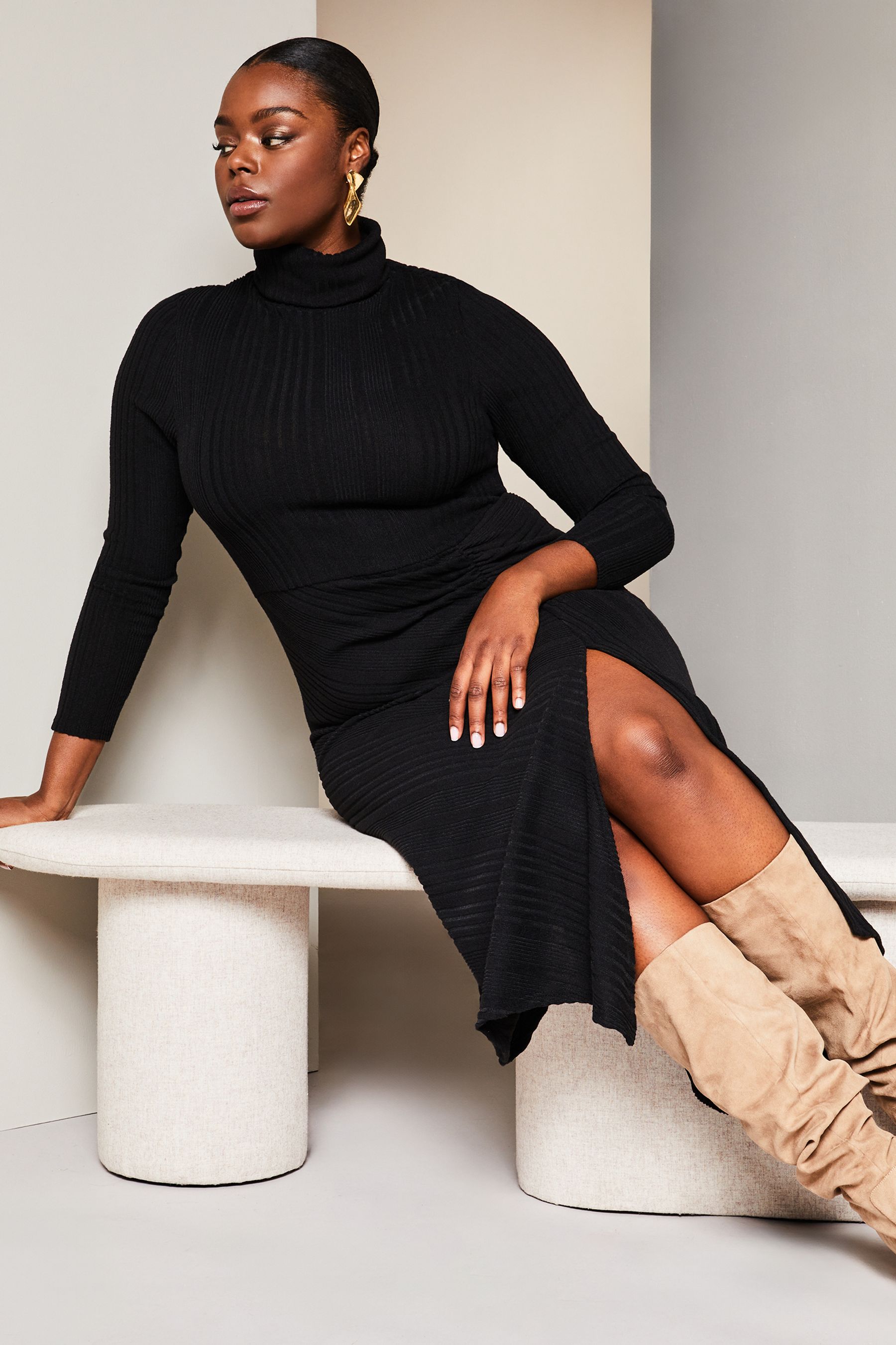 Buy Lipsy Black Curve High Neck Ruched Detail Midi Jumper Dress